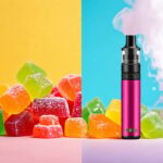 Split-screen image showcasing colorful CBD gummies beside a vape pen releasing vapor, illustrating the choice between these two CBD consumption methods.