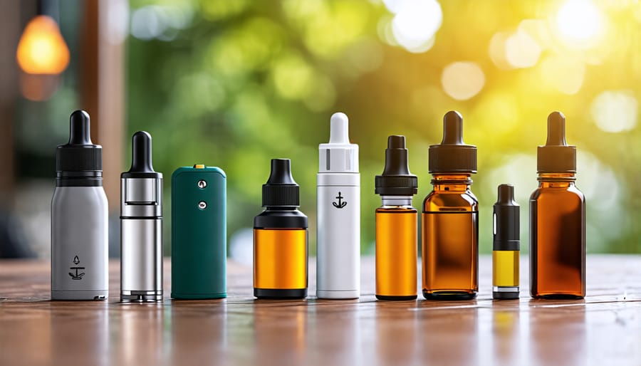 A selection of THC vape products including both cartridges and disposable vapes