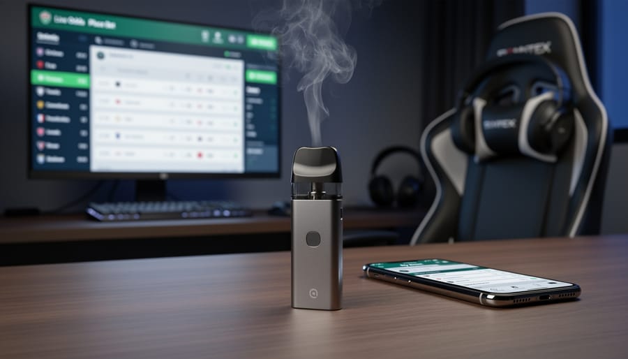 Compact pod vape system on table next to smartphone in sports viewing environment