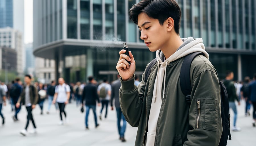 Slim vape device producing minimal visible vapor in hand