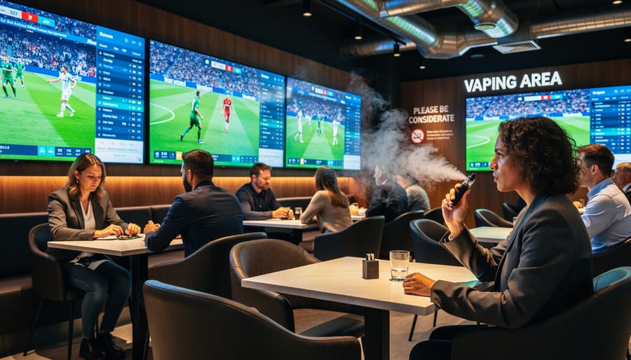 Responsible vaping setup in sports betting venue with discrete device placement