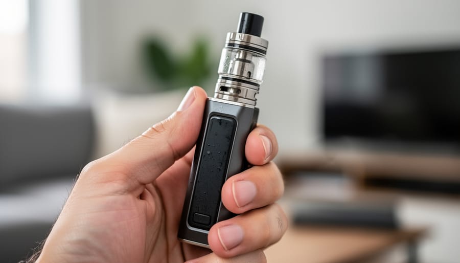 Close-up of gloved hands holding a vape cartridge and disposable vape device
