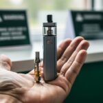 Close-up of a vape device and cartridge resting in a person’s palm, with a blurred retail background suggesting products facing a federal ban.