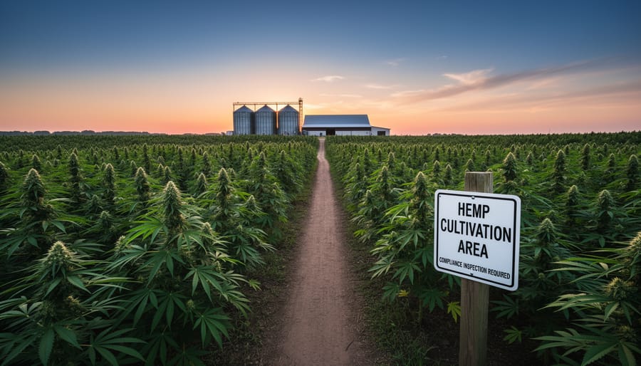 Hemp field at golden hour with a distant government building silhouette on the horizon
