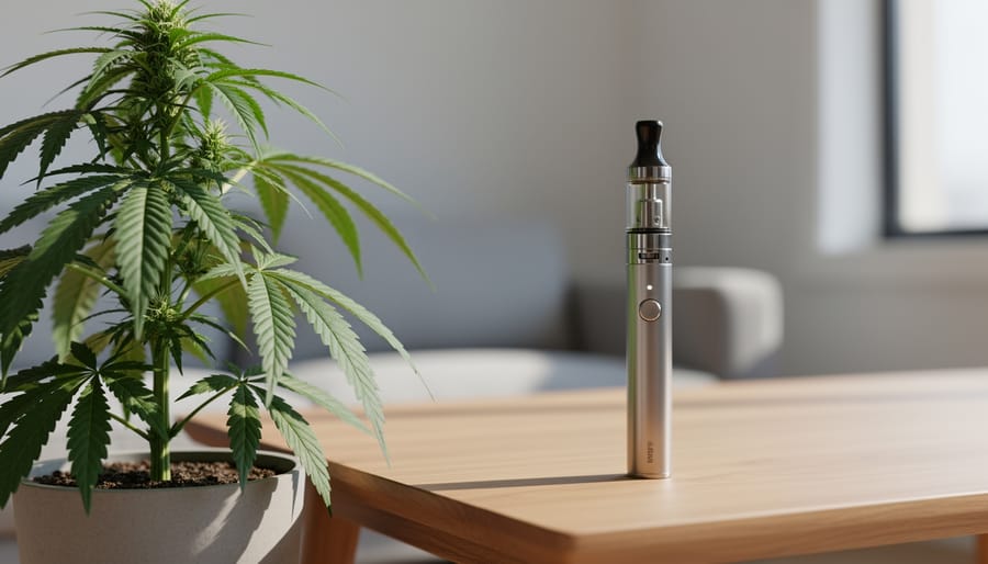 Hemp plant leaves beside a vape device on a wooden table in soft natural light