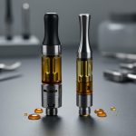 Close-up of two concentrate vape cartridges and a few drops of golden oil on a dark workbench, photographed side-by-side for comparison.
