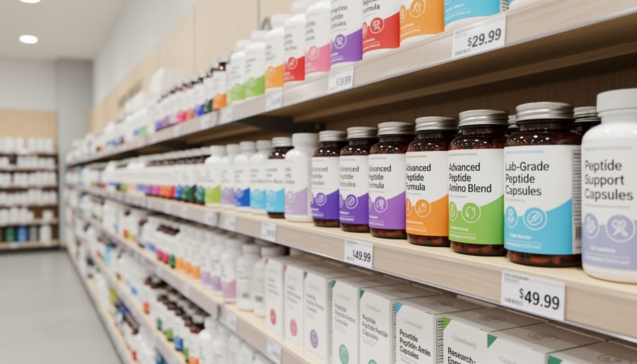 Person’s hand reaching toward supplement containers on a shelf in a cluttered retail backroom