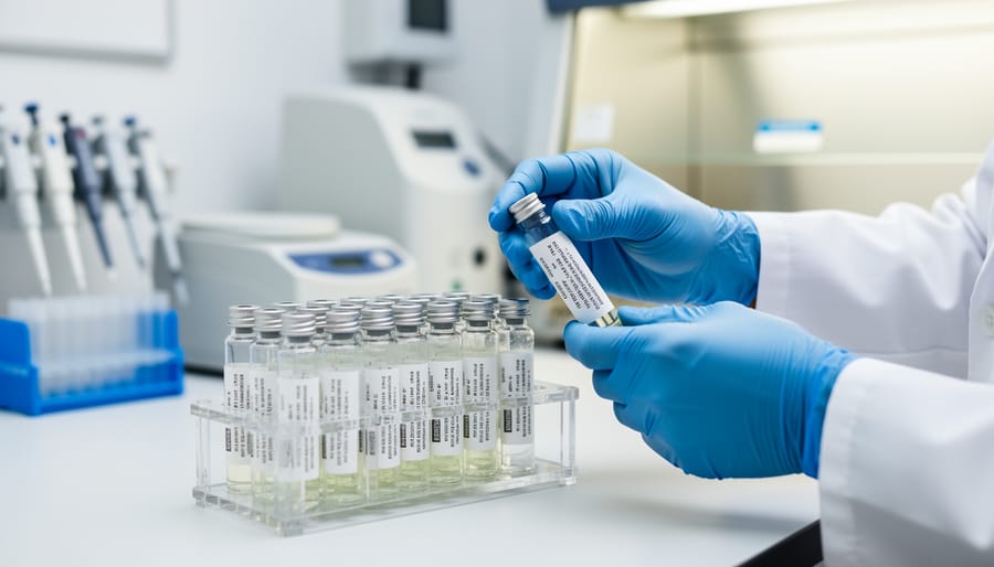 Gloved hands holding a research vial on a clean laboratory bench with blurred scientific equipment in the background