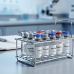 Close-up of unlabeled glass peptide sample vials on a lab rack beside a pipette, photographed with shallow depth of field in a clean laboratory environment.