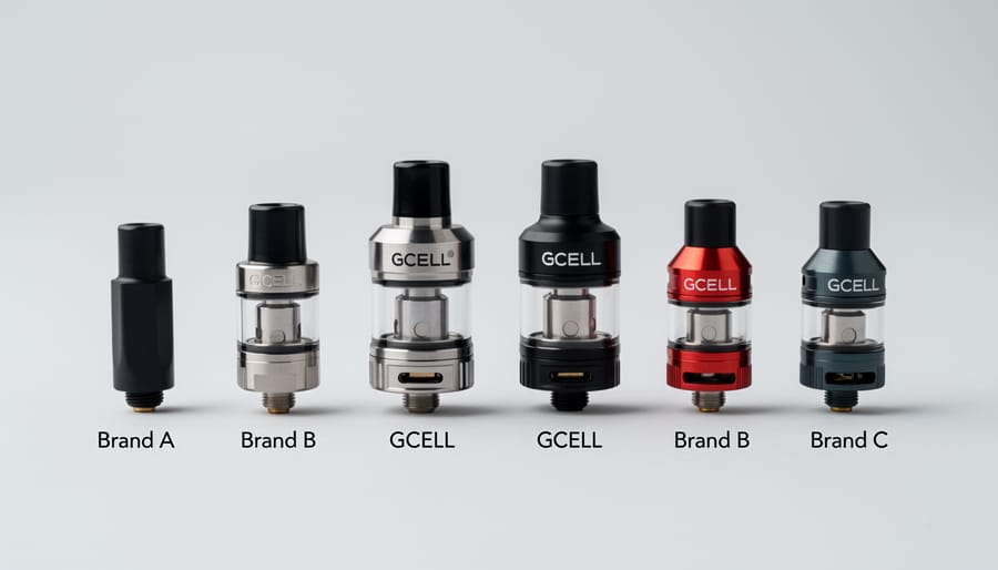 Close-up of two vape cartridges placed in a case on a dark tabletop, photographed with soft studio lighting.