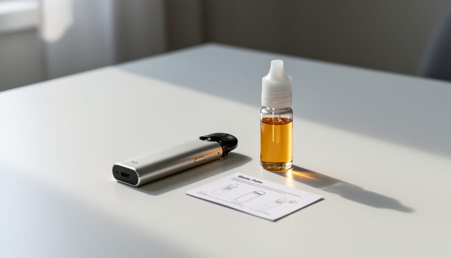 Hands holding a compact refillable pod vaping device next to a small bottle of e-liquid on a clean countertop