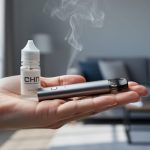 Close-up of a pod system or vape pen in an open hand next to a bottle of e-liquid with a faint vapor plume.