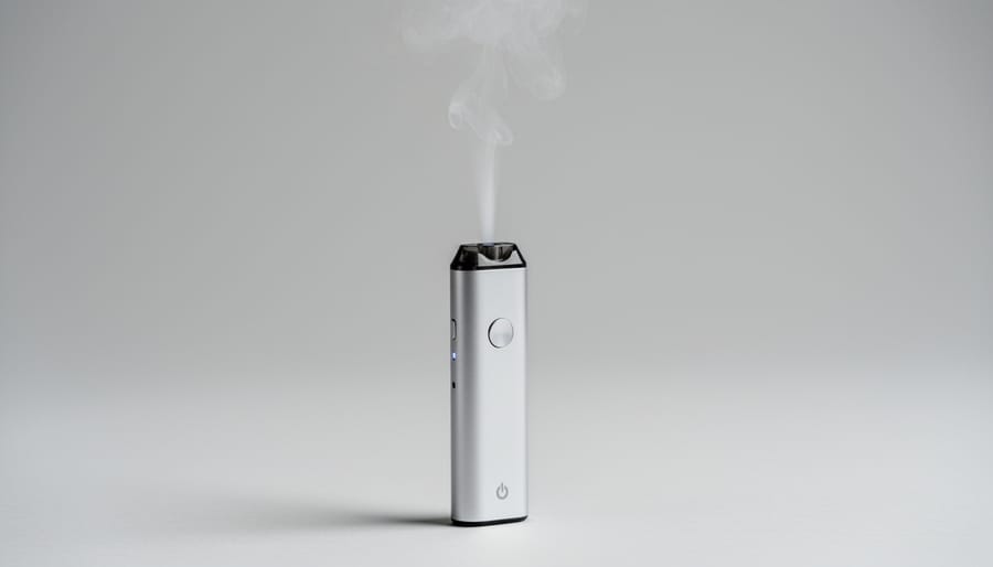 Vape device with a small wisp of vapor rising in warm indoor lighting