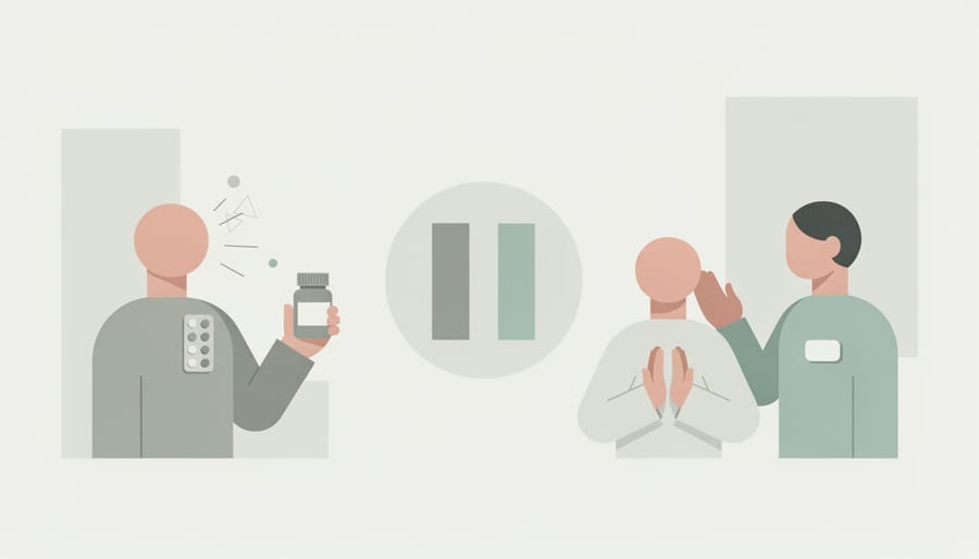 Person holding a tissue near their mouth with a concerned expression in a softly lit healthcare-like setting