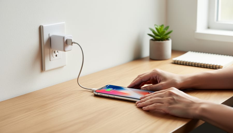 Close view of a vape charging cable and charger on a desk with a vape device nearby