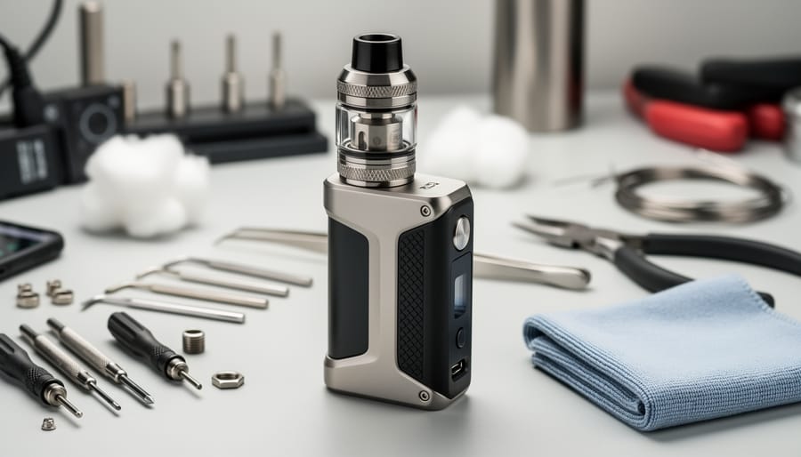 Box mod and tank with small maintenance tools on a workbench