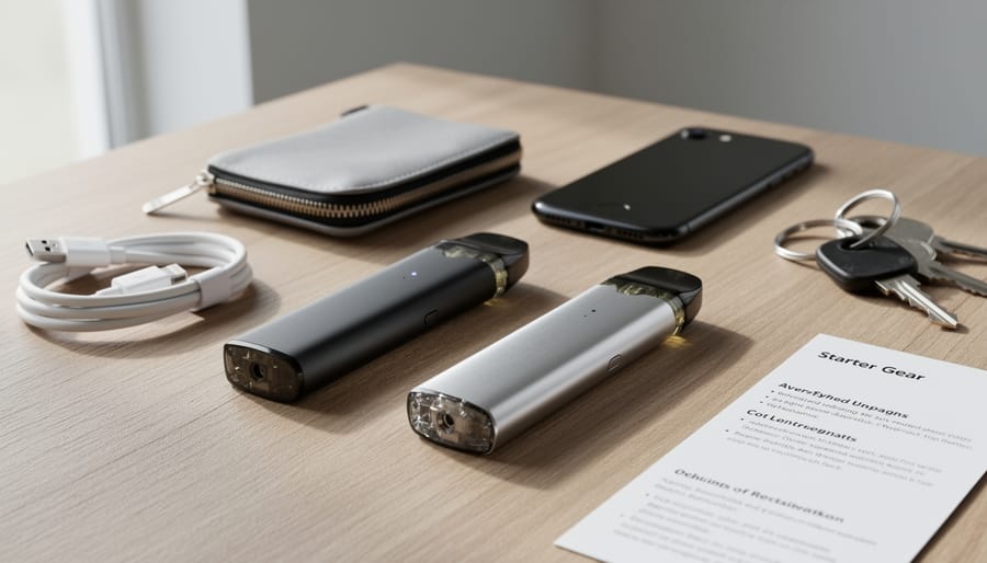 Closed prefilled pod system devices on a desk with a spare empty pod