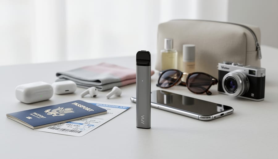 Disposable vape in a pouch with keys and sunglasses on a bench