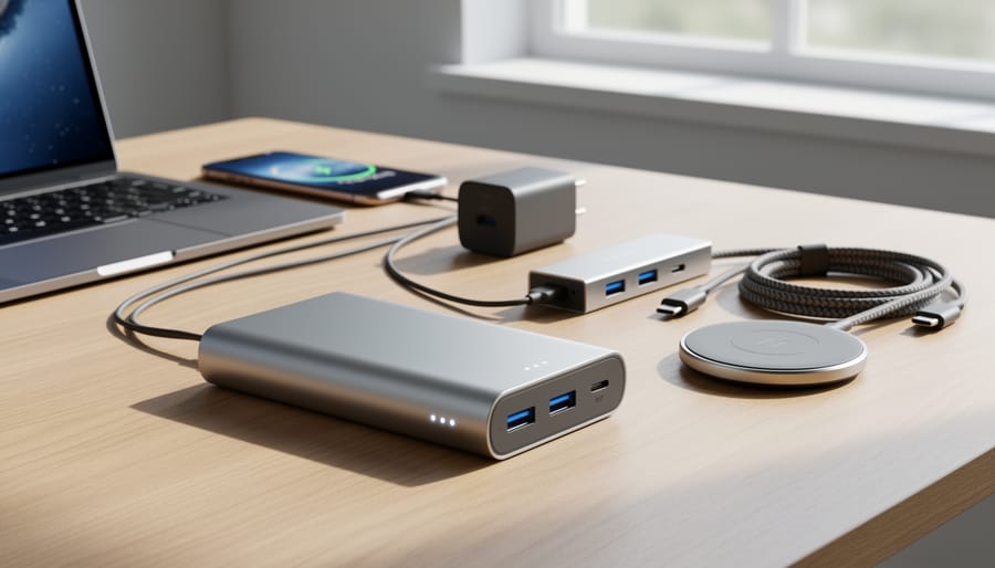 High-capacity vape device and pod set next to charging accessories on a desk