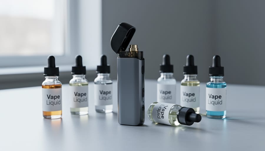Open refillable pod system with an e-liquid bottle on a tabletop