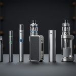 Seven vape device categories—disposable, pod system, vape pen, box mod, mechanical mod, squonk mod, and all-in-one—displayed in a neat lineup on a dark studio background.
