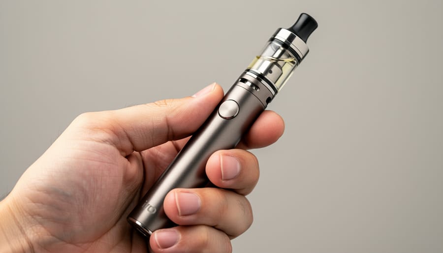 Vape pen held in an open palm with a softly blurred background